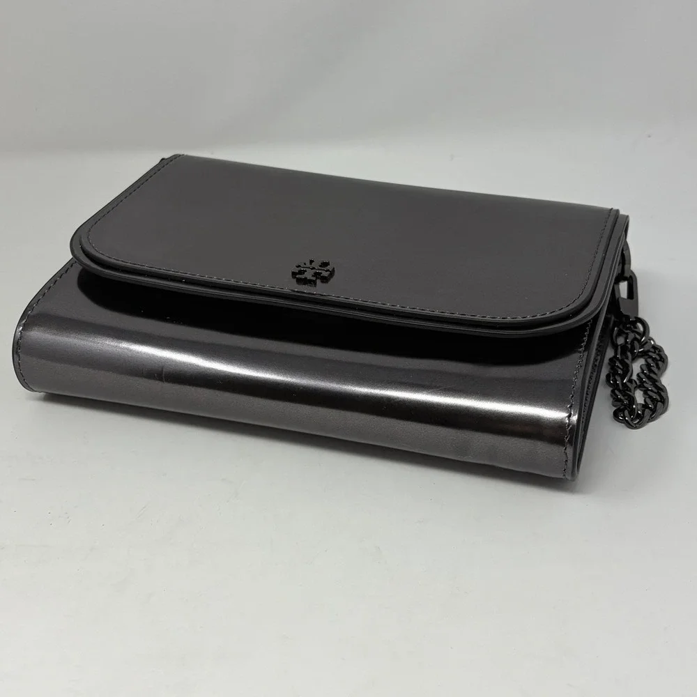 Tory Burch Emerson‎ Patent Chain Wallet Gunmetal Metallic Crossbody